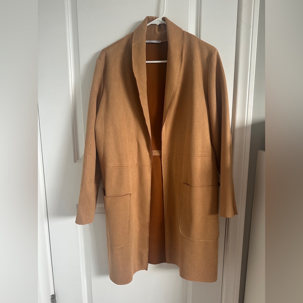 Zara Women Camel Tan Overcoat in Faux Suede Sz M
